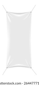 Vertical banner hanging by ropes against a white background, offering extensive copy space for advertisements or promotional messages. Ideal for marketing, branding, or event signage