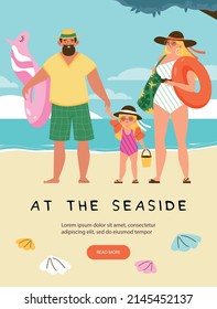 Vertical Banner With Happy Family At The Seaside Flat Style, Vector Illustration. Daughter, Mother And Father In Bathing Suits With Swimming Circles, Beach, Shells. Family Vacation Concept