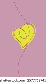 Vertical banner with heart line drawing and bright yellow heart element on pink background, Love concept