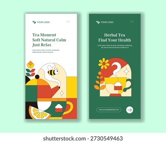 Vertical Banner Herbal Tea Flat Cartoon Hand Drawn Template Background Illustration