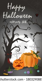 Vertical banner for holiday design on the theme of all saints eve Halloween, scary tree and pumpkins on the moon background, black gradient background, flat vector illustration