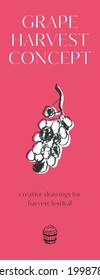Vertical banner for homemade wine. Bunch grape vector illustration. Winemaking flyer. House wine label, template badge. Wine tasting poster. Ink doodle of wood barrel, corkscrew. Organic wines card.