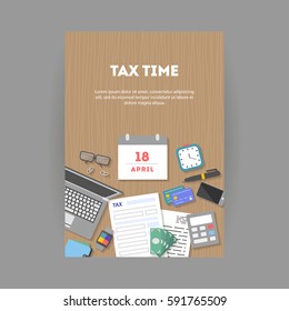 Vertical banner icons set, flat design. Payment of tax. Calculation of tax return, top view. Objects workplace and devices for web and application, vector illustration