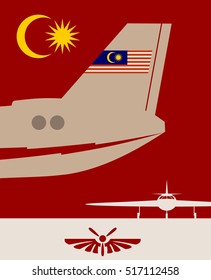 Vertical banner with the image of an airplane tail. Air company logo. Malaysia flag as backdrop