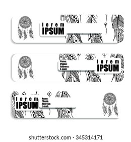 vertical banner with the image of a Dreamcatcher and feathers hand drawn in the style of zentangle and Doodle