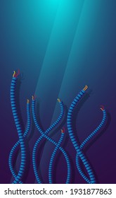 Vertical banner with the image of torn cables. Vector illustration in the style of cyberpunk.