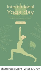 Vertikaler Banner zum Internationalen Yoga Tag mit einer Girl-Silhouette. Pastellfarbene Vektorillustration.