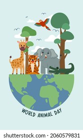 Vertical Banner the Jungle Animals in forest on the world in Happy animal day concept, cute cartoon vector illustration