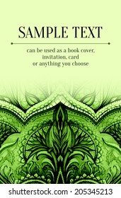 Vertical banner. Label design. Green background. Hand drawn watercolor texture. Vintage pattern. Retro design element. Creative design concept. Ecology design. Natural product. Eco friendly.