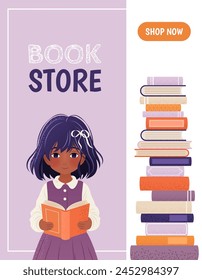 Vertical banner or landing page template for a library or bookstore app with a girl and a pile of books. A textured cartoon illustration of a little kid. An e-library, an e-book concept illustration.