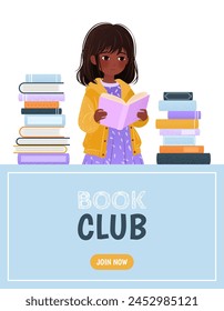 Vertical banner or landing page template for a library, book club, bookstore app with a girl and a pile of books. A cartoon illustration of a little kid. An e-library, an e-book concept illustration.