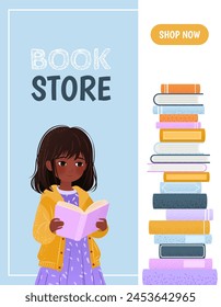 Vertical banner or landing page template for a library or bookstore app with a girl and a pile of books. A textured cartoon illustration of a little kid. An e-library, an e-book concept illustration.