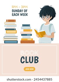 Vertical banner or landing page template for a library, book club, bookstore app with a boy and a pile of books. A cartoon illustration of a little kid. An e-library, an e-book concept illustration.