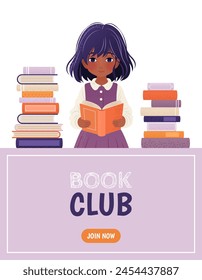 Vertical banner or landing page template for a library, book club, bookstore app with a girl and a pile of books. A cartoon illustration of a little kid. An e-library, an e-book concept illustration.