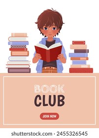 Vertical banner or landing page template for a library, book club, bookstore app with a boy and a pile of books. A cartoon illustration of a little kid. An e-library, an e-book concept illustration.