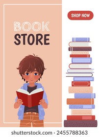 Vertical banner or landing page template for a library or bookstore app with a girl and a pile of books. A textured cartoon illustration of a little kid. An e-library, an e-book concept illustration.