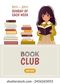 Vertical banner or landing page template for a library, book club, bookstore app with a girl and a pile of books. A cartoon illustration of a little kid. An e-library, an e-book concept illustration.