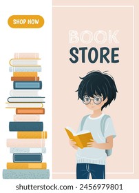 Vertical banner or landing page template for a library or bookstore app with a boy and a pile of books. A textured cartoon illustration of a little kid. An e-library, an e-book concept illustration.