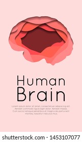 Vertical banner with layered human brain cut out of paper on pink background. Card with paper cut origami. Mental health day.  Vector template for articles, web pages and your design