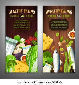 Vertical banner layouts. Source of Calcium - vegetables, salads, greens, fruits, dairy products on a wooden background. Medical, healthcare and dietary creative concept. Vector illustration.