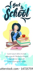 Vertical banner with lettering Back to school. Cute girl with two tails learning at school. On the desk near girl notebook, ruler, books, calculator and red apple. Vector illustration
