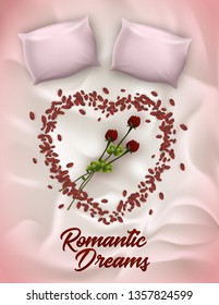 Vertical Banner Lettering, Written Romantic Dreams. Romantic Bed Linen for Newlyweds. on Ded Rose Petals Lined with Heart Shape. Vector Illustration, Roses on Blanket, Next to Two Pillows.