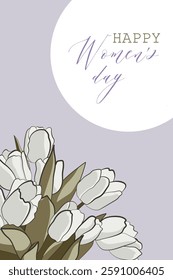 vertical banner in lilac color with white tulips and free space for text