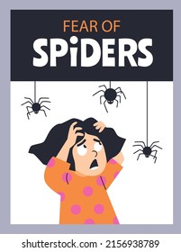 Vertical Banner With Little Girl Scared Of Hanging From The Top Spiders Flat Style, Vector Illustration. Scared Kid Face Emotion, Girl Being Afraid. Child Fear Concept