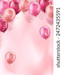 Vertical banner with lots of 3d pink realistic glossy balloons and confetti on blurred background with blank space for greeting text. Poster for birthday, celebration party, sale, opening, wedding, ad