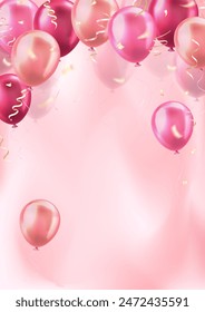 Vertical banner with lots of 3d pink realistic glossy balloons and confetti on blurred background with blank space for greeting text. Poster for birthday, celebration party, sale, opening, wedding, ad