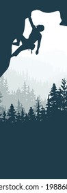 Vertical banner of man climbing rock overhang. Mountains and forest in background. Silhouette of climber with blue background. Illustration. Bookmark. Text insert.