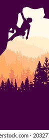 Vertical banner of man climbing rock overhang. Mountains and forest in background. Silhouette of climber with pink and orange background. Illustration. Bookmark. Text insert.