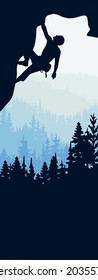 Vertical banner of man climbing rock overhang. Mountains and forest in background. Silhouette of climber with blue and white background. Illustration. Bookmark. Text insert.
