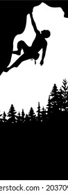 Vertical banner of man climbing rock overhang. Mountains and forest in background. Silhouette of climber with black and white background. Illustration. Bookmark. Text insert.