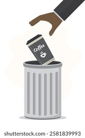 Vertical banner man hand throws disposable coffee cup into trash, design isolated on white background.  Recycling, eco friendly approach concept. Keep streets, city, earth clean. vector illustration