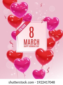 Vertical banner for March 8, International Women's Day. Offer of discounts for the holiday, Big sale. Heart balloons. Vector illustration for business