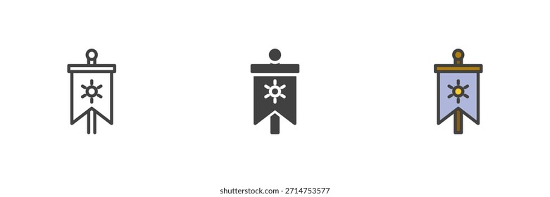 Conjunto de iconos de estilo diferente de heráldica medieval de Anuncio de Vertical. Línea, contorno relleno e ícono de Vector de color sólido. Símbolo de la bandera colgante, signo del reino.