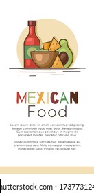 Vertical banner with mexican food and place for text. Avocado guacamole with nachos corn chips, spicy sauce and lettering. Vector template for menu, card, recipe and your design.