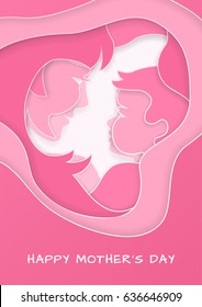 Vertical banner for mothers day with congratulation text. Cut out paper shape with mother and her baby silhouettes on pink background, paper cut out art style. Vector illustration, layers isolated