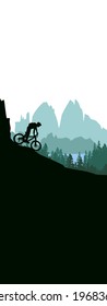 Vertical banner with mountain bike rider in wild mountain nature landscape. Green, black and white illustration. Bookmark. Text insert. 