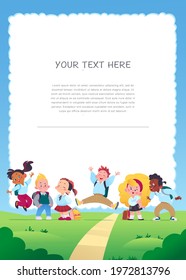 Vertical banner with multiracial happy school kids group with backpacks smiling, jumping and having fun on green lawn in sunny day. Vector flat cartoon illustration. For advertising, packaging.