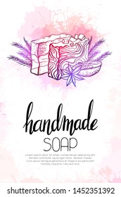 Vertical banner with neon illustration of handmade soaps with orange, juniper twigs, star anise and lettering on watercolor splash. Vector hand drawn drawing for cards, recipes and your creativity.