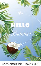 Vertical banner. Palm leaves and juicy coconut on a background of blue sky with a white plane. Lettering hello summer.