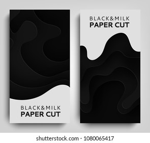 Vertical Banner Paper art cartoon abstract waves. Paper carve background with milk. Dairy products modern origami design template. Paper cut background. Vector illustration