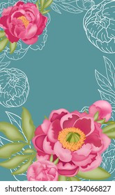 Banner vertical con lugar para texto, con peonías rosadas, brotes y hojas verdes, sobre fondo azul y contorno blanco, ilustración vectorial de material para diseño y decoración, postal, marco.