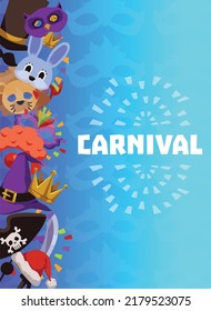 Vertical banner or poster about carnival flat style, vector illustration on blue gradient background. Animal masks and different hats for carnival costume, event, holiday