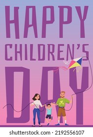 Vertical banner or poster about happy children's day flat style, vector illustration on gradient background. Smiling parents with son launch kite, huge letters