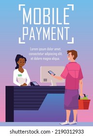 Vertical banner or poster about mobile payment flat style, vector illustration on gradient background. Smiling man pays for purchases using mobile phone, place for text