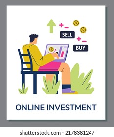 Vertical banner or poster about online investment flat style, vector illustration isolated on gray background. Man sitting on chair and analysis sell and buy currency on laptop