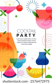 Vertical banner, poster with colorful cocktails and fruits. Vector illustration. Abstract geometric summer party design. Alcoholic, non-alcoholic drinks cocktail menu, bar elements